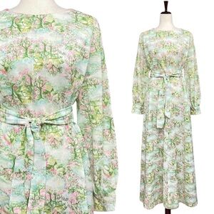 Vintage 70s Prairie Floral Maxi Dress Handmade Cottagecore Boho Belted Size XL